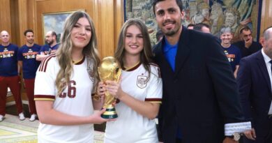 La Princesa de Asturias doña Leonor y la infanta Sofía con la Copa del Mundo